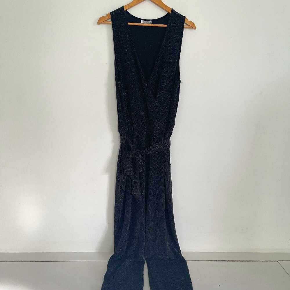 Dex Jumpsuit Black Sparkle Sleeveless Cross Front Straight Leg Party Size L